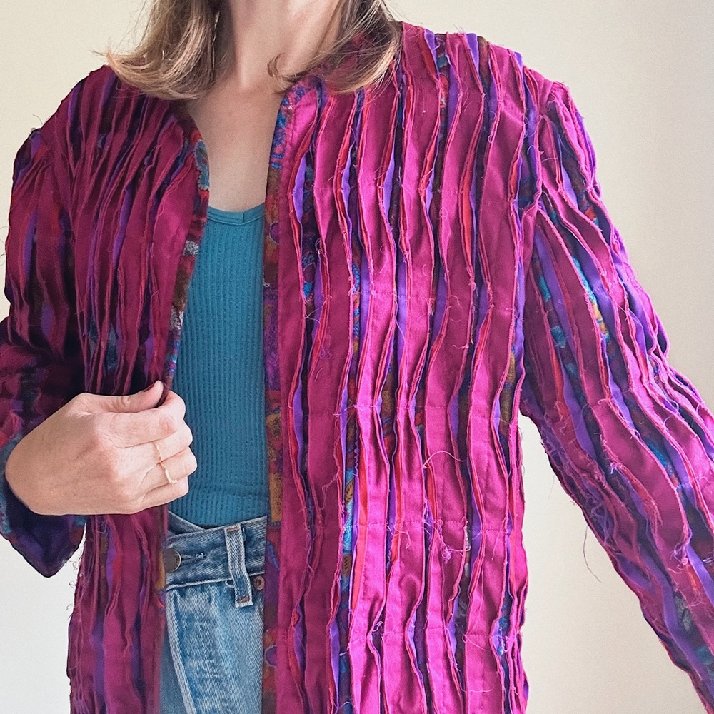 Vintage handmade magenta open jacket cardigan | pink teal | quilted small medium